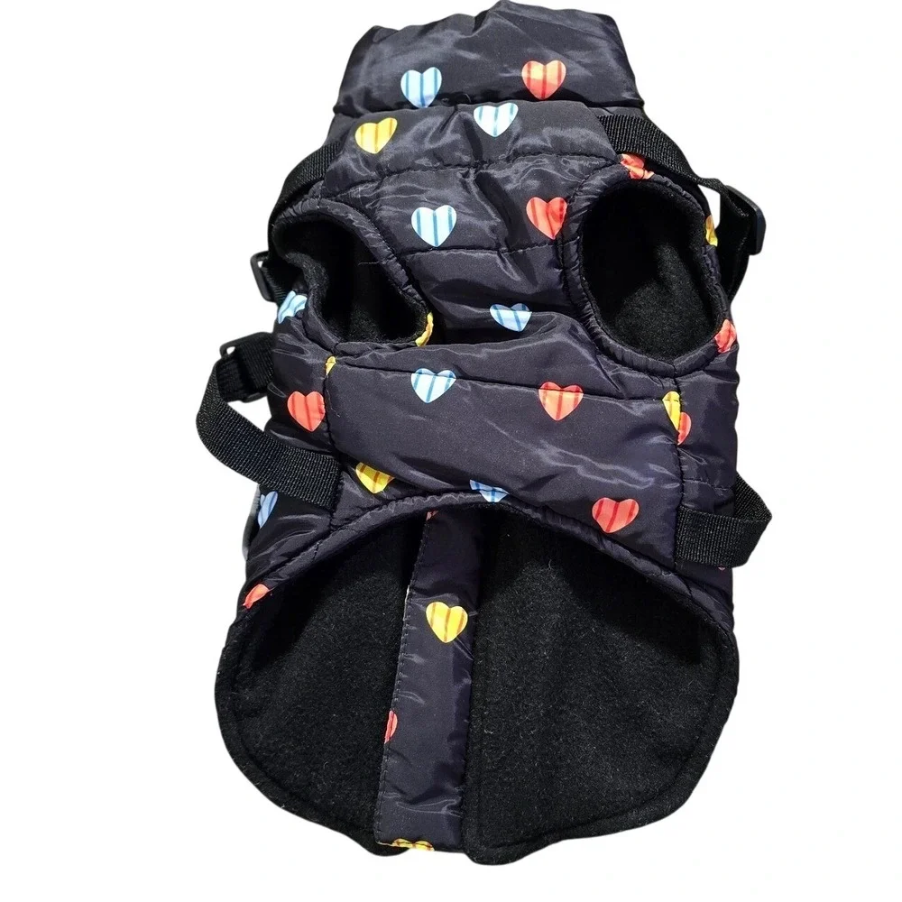 Black Heart Print Dog Puffer Vest Jacket with Built-in Harness Fleece top zip‎